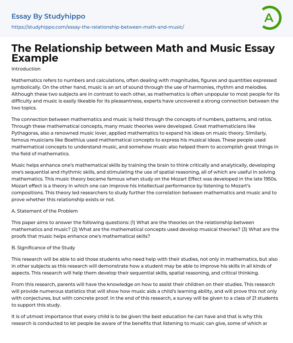 The Relationship between Math and Music Essay Example
