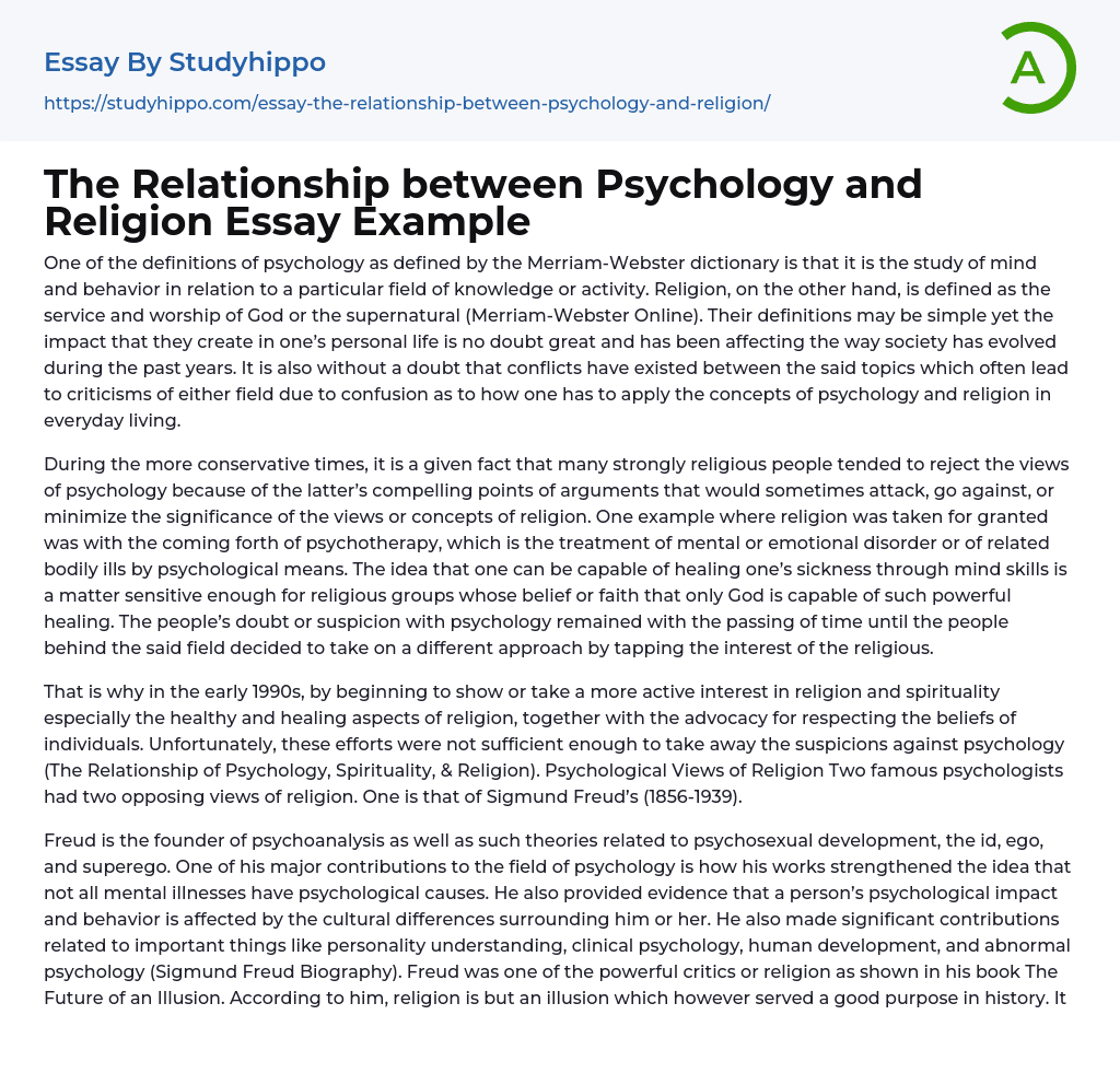 The Relationship between Psychology and Religion Essay Example
