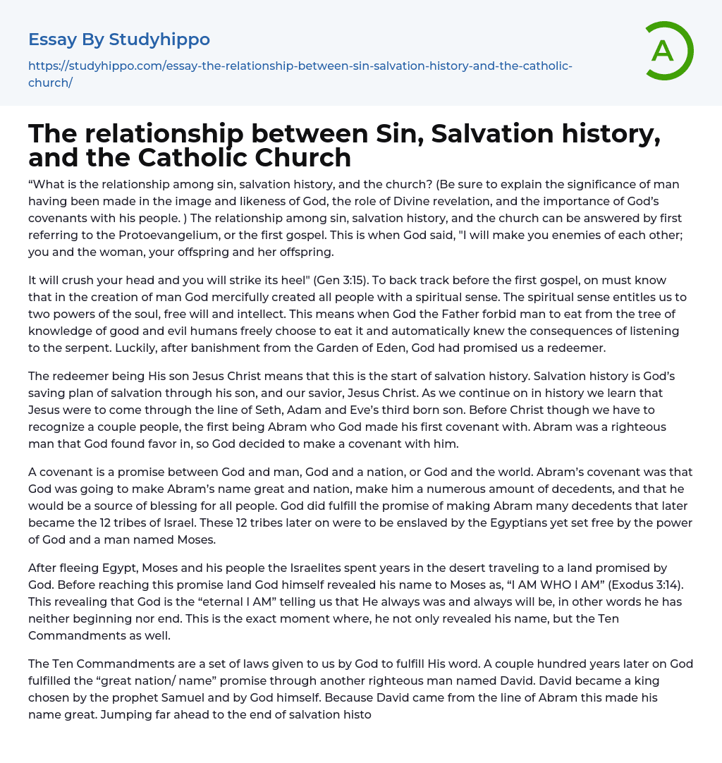 The relationship between Sin, Salvation history, and the Catholic Church Essay Example