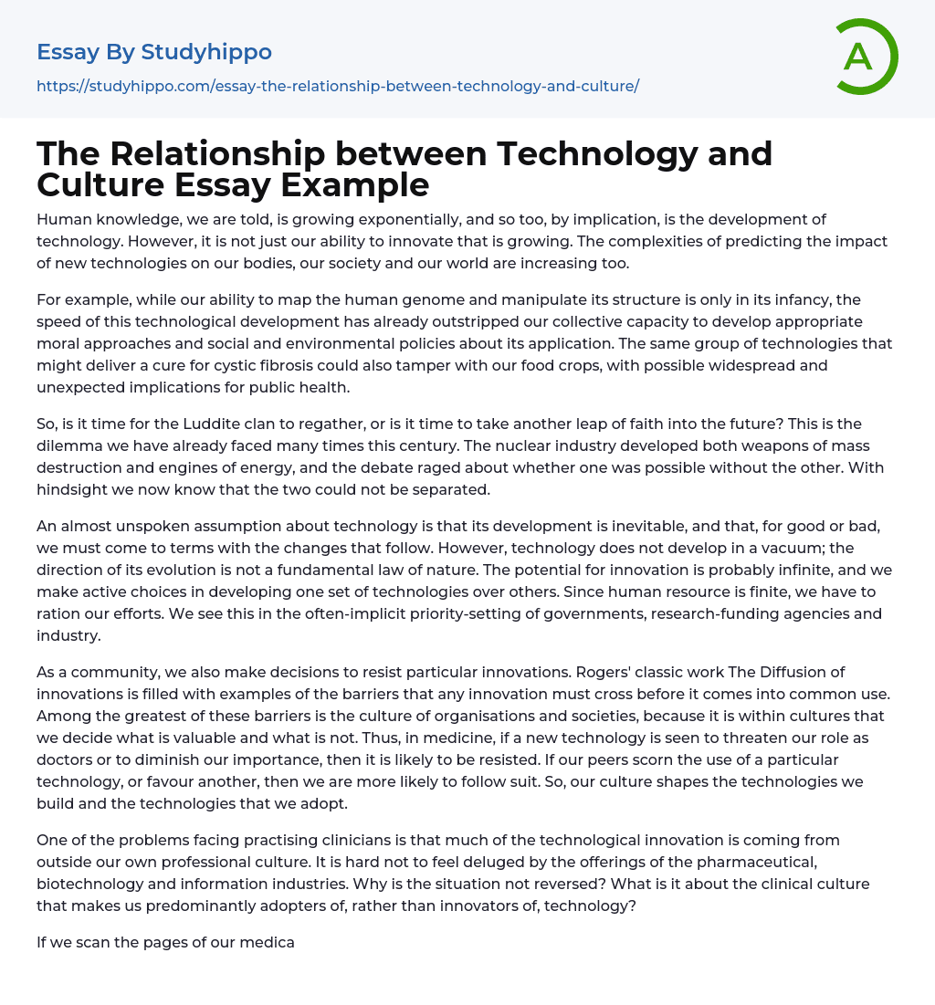 The Relationship between Technology and Culture Essay Example