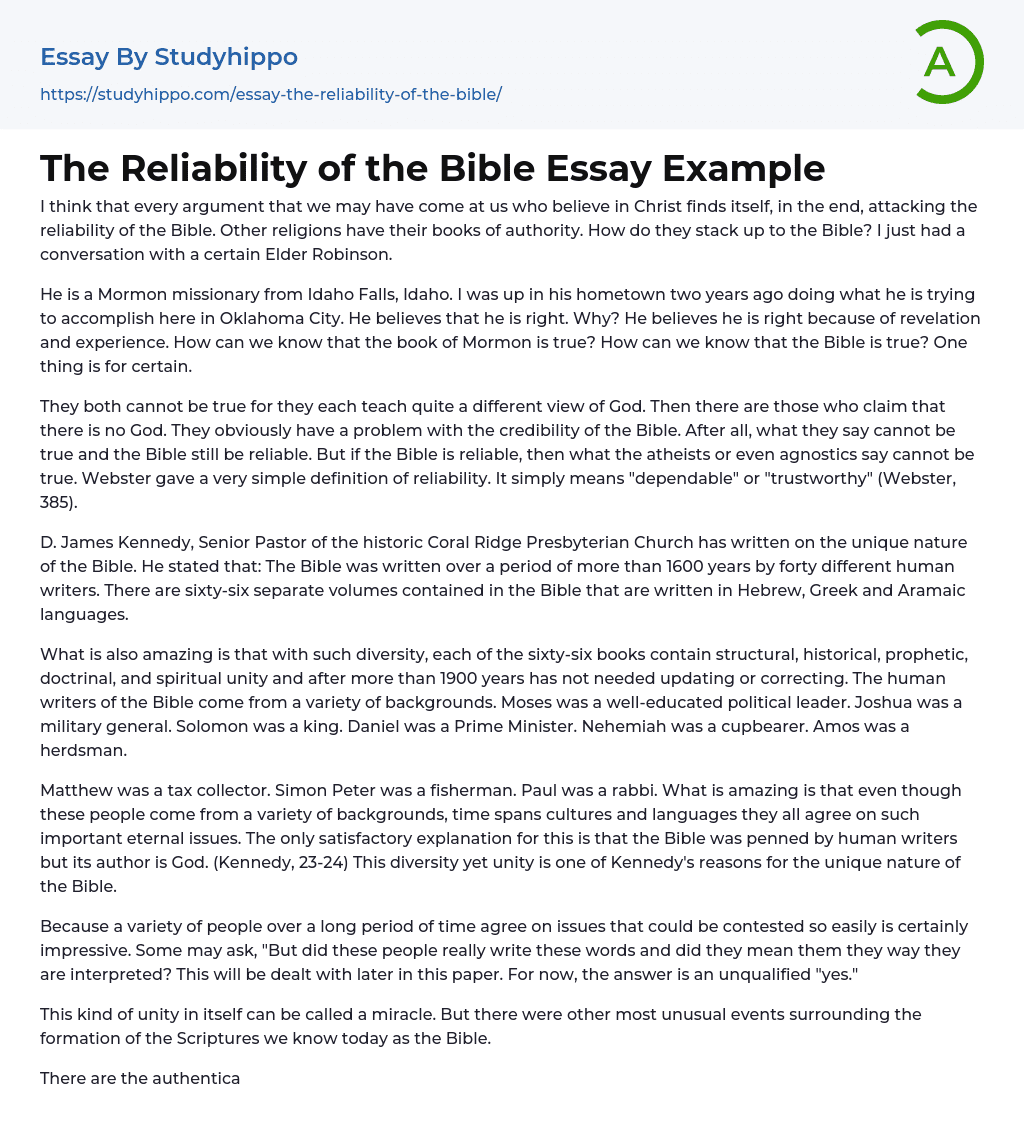 The Reliability of the Bible Essay Example