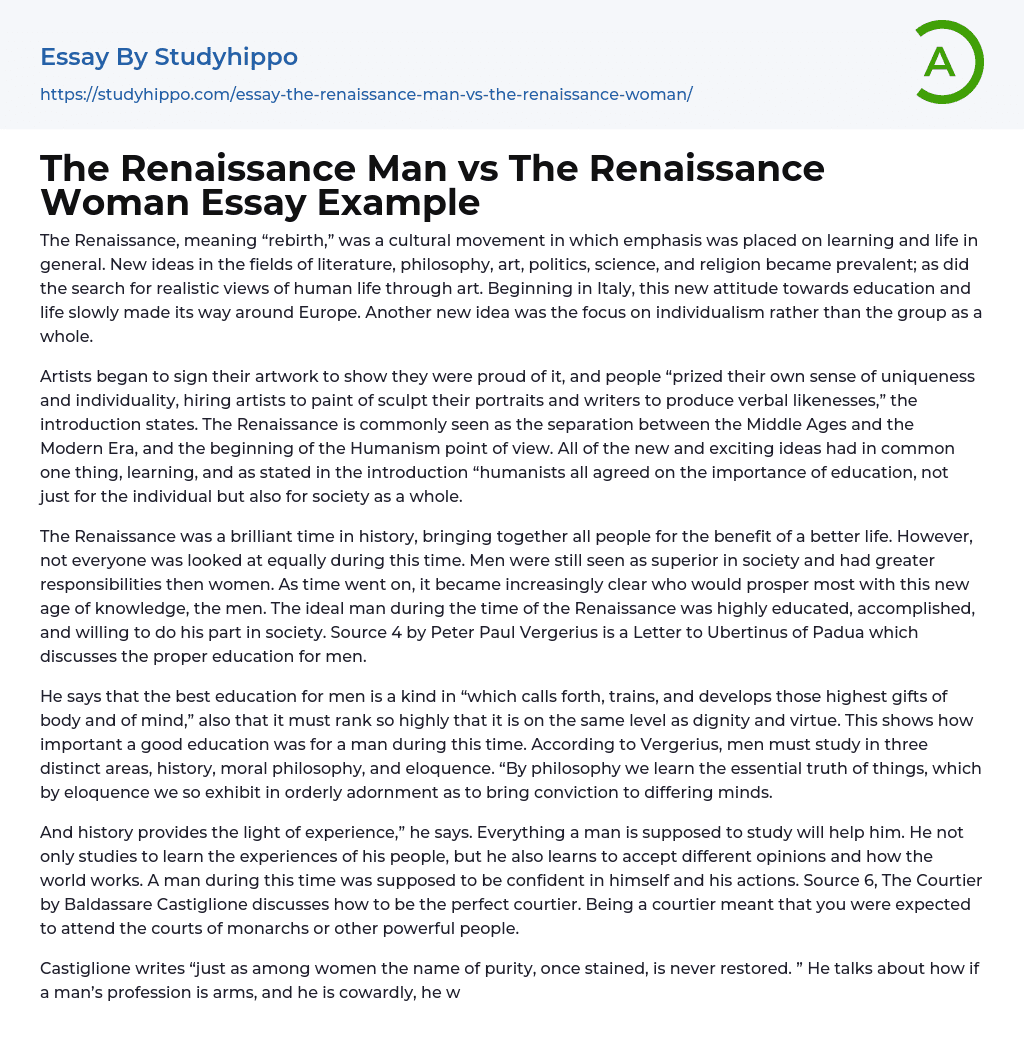 The Renaissance Man vs The Renaissance Woman Essay Example