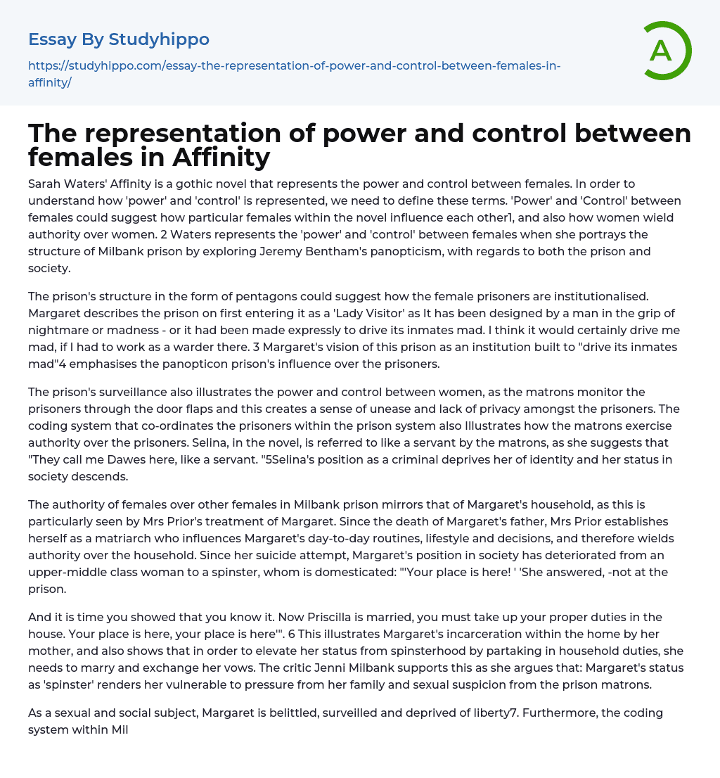 The representation of power and control between females in Affinity Essay Example