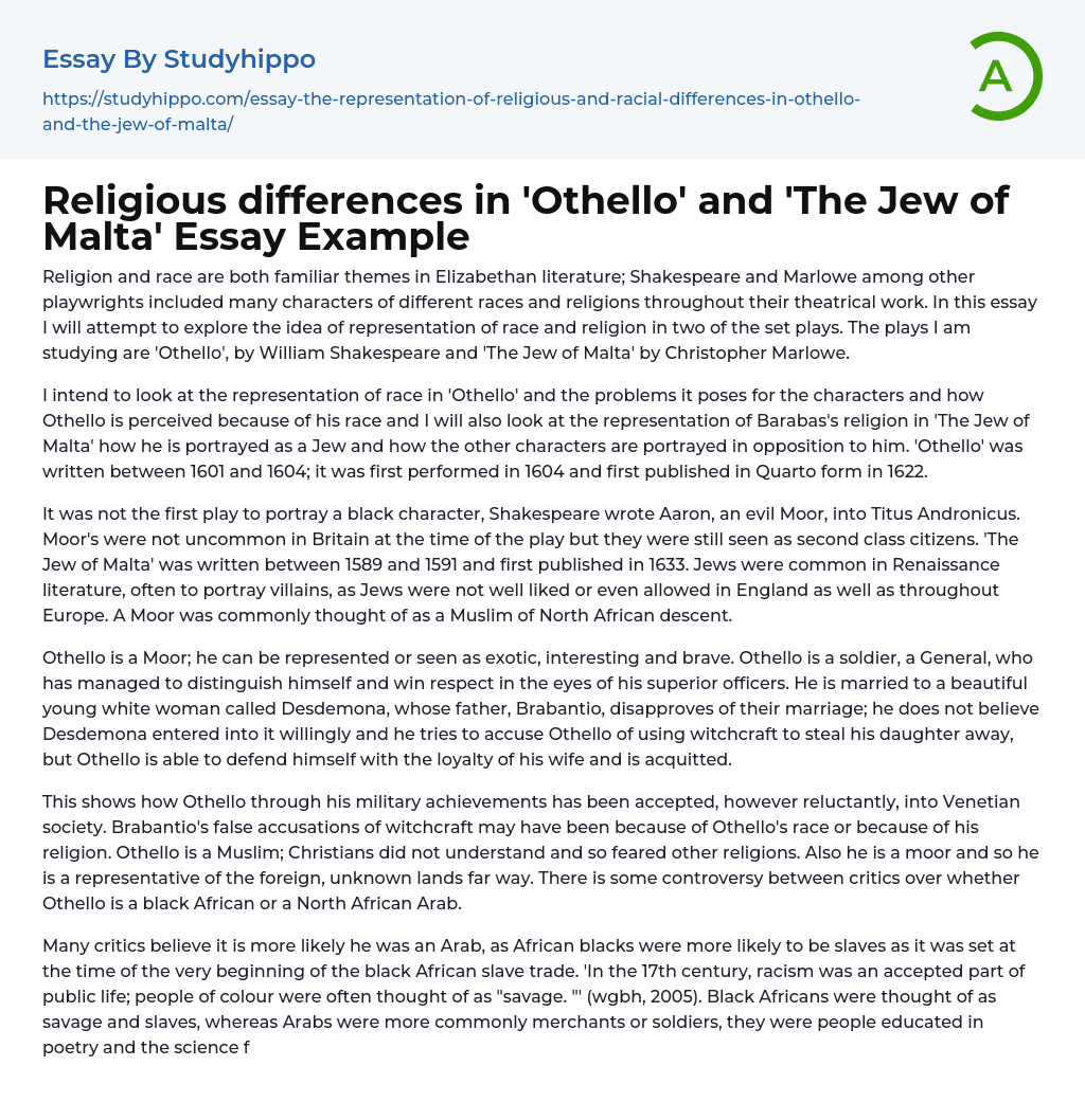 Religious differences in ‘Othello’ and ‘The Jew of Malta’ Essay Example