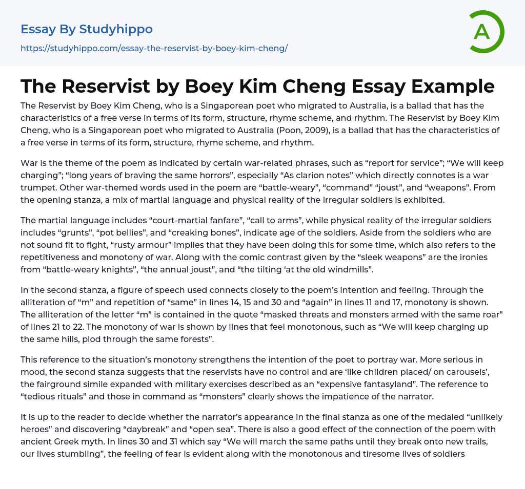The Reservist by Boey Kim Cheng Essay Example