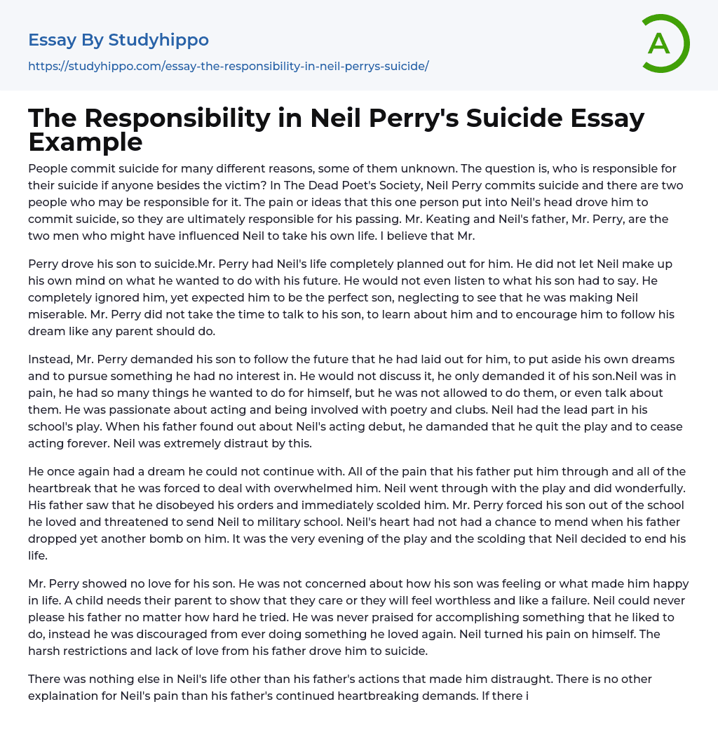 The Responsibility in Neil Perry’s Suicide Essay Example