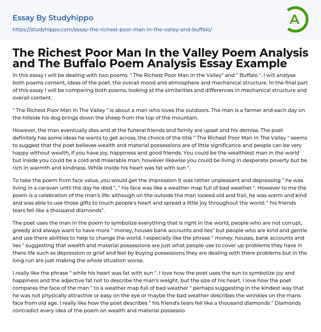 The Richest Poor Man In the Valley Poem Analysis and The Buffalo Poem Analysis Essay Example