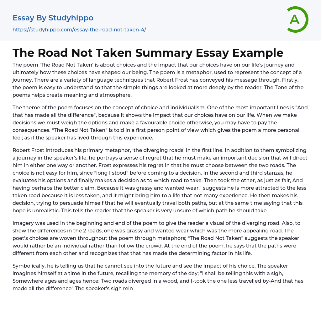 The Road Not Taken Summary Essay Example