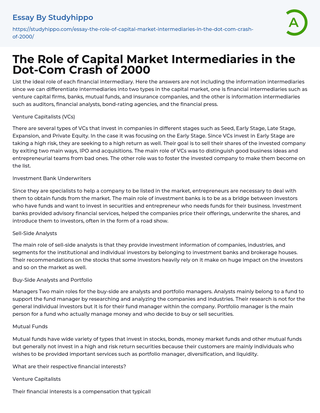 The Role of Capital Market Intermediaries in the Dot-Com Crash of 2000 Essay Example