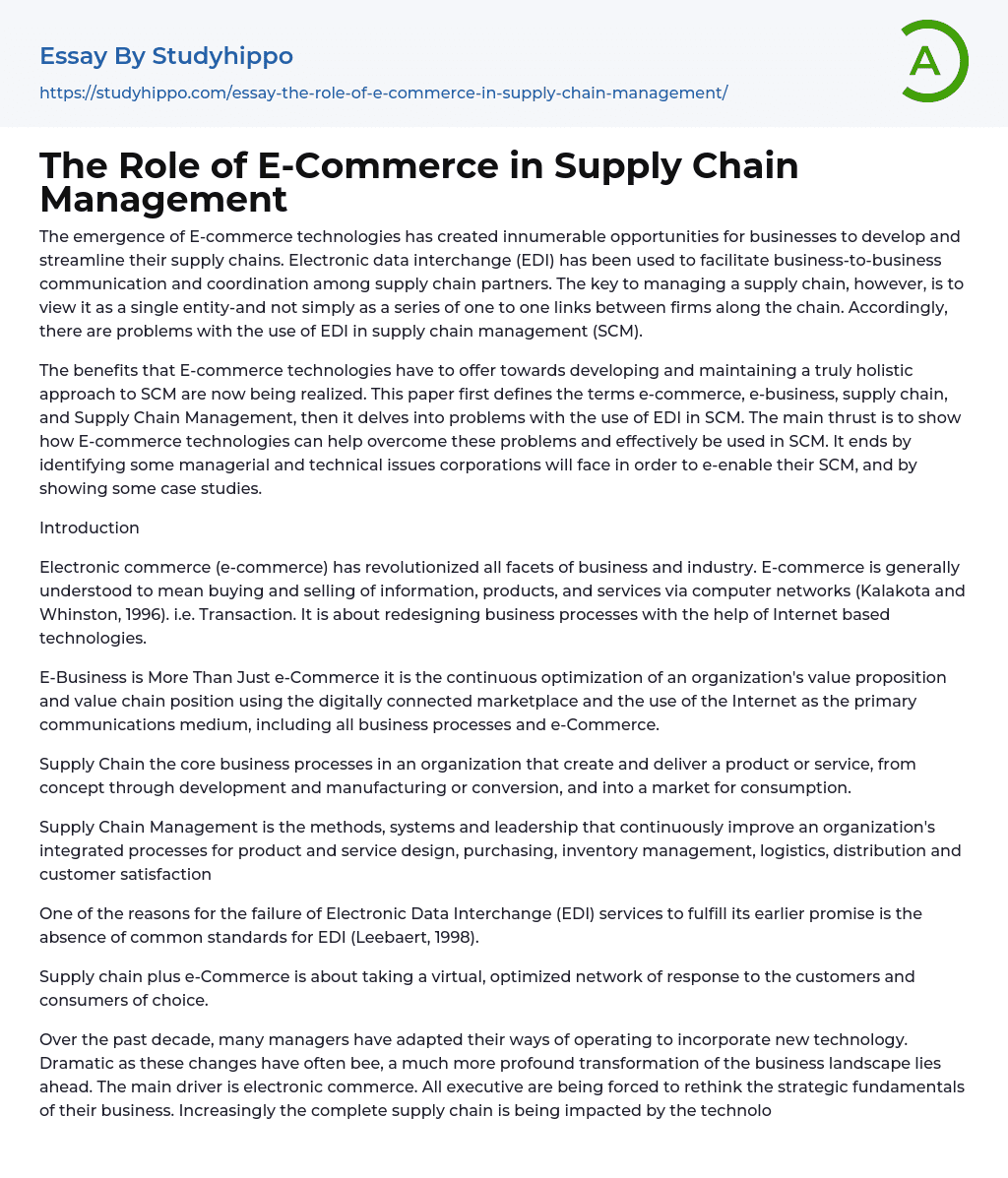 The Role of E-Commerce in Supply Chain Management Essay Example