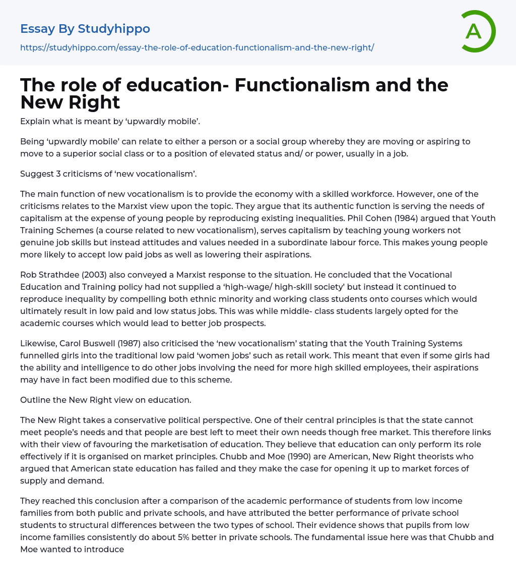 The role of education- Functionalism and the New Right Essay Example