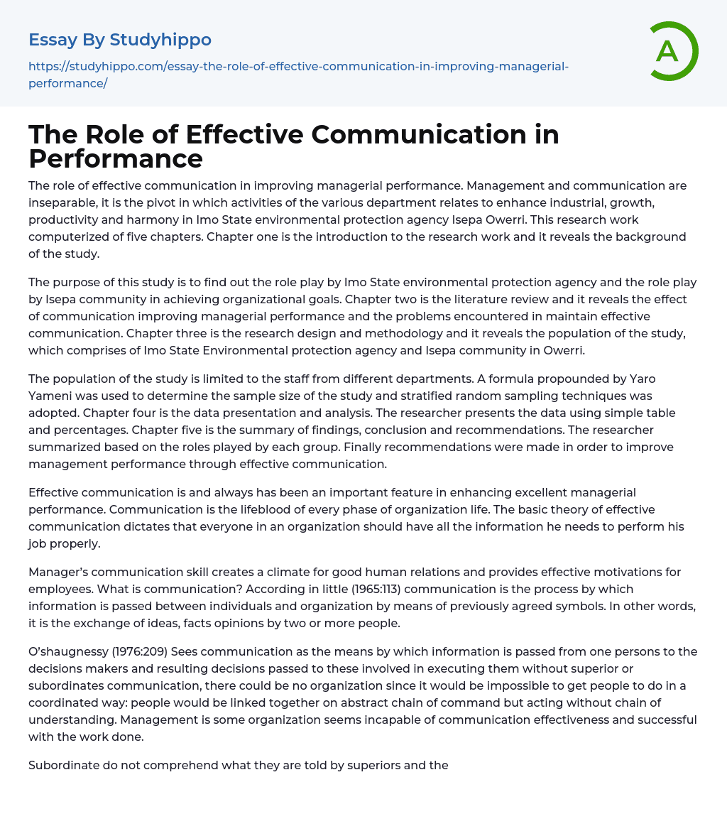 The Role of Effective Communication in Performance Essay Example