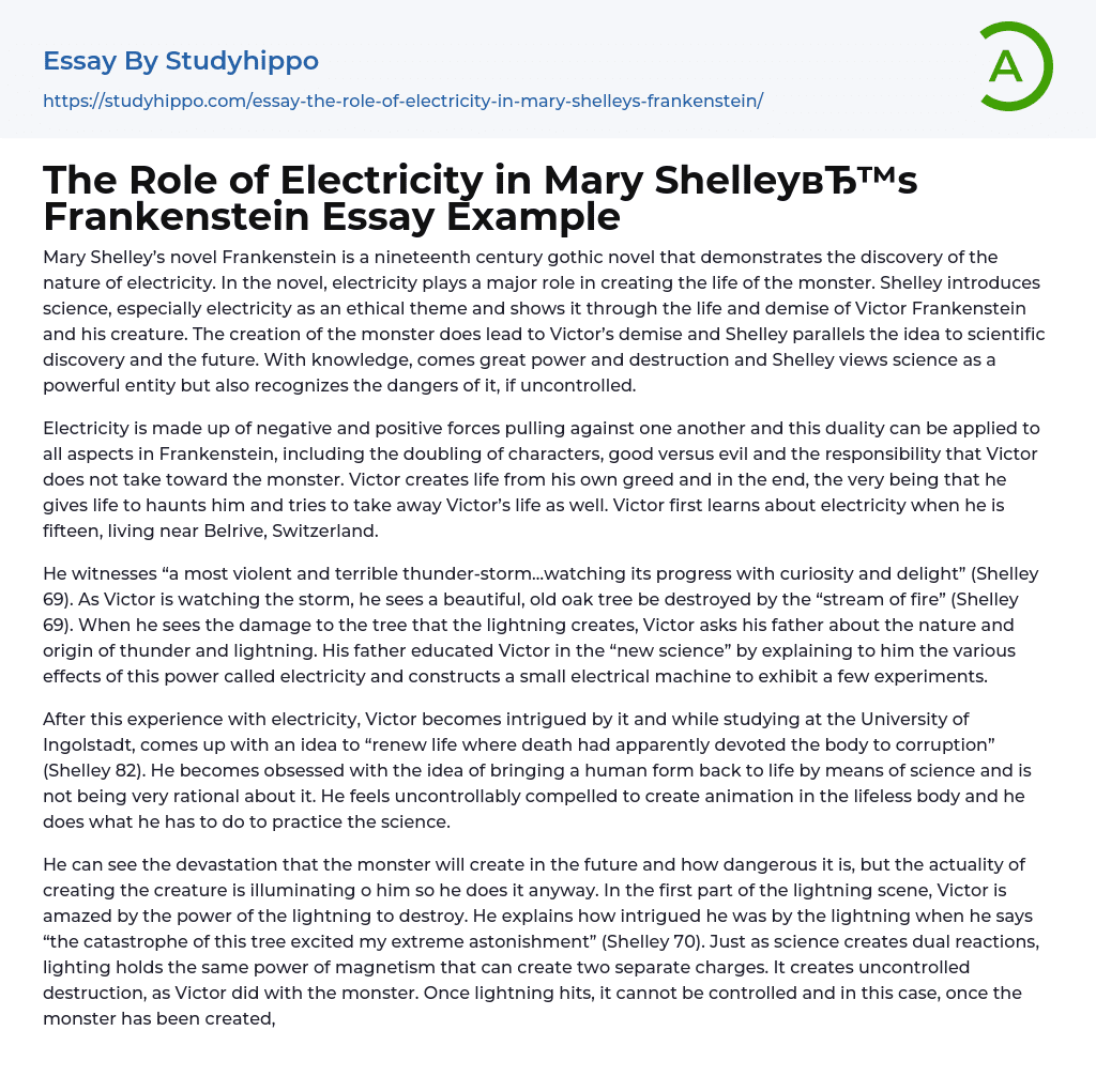 The Role of Electricity in Mary Shelley’s Frankenstein Essay Example