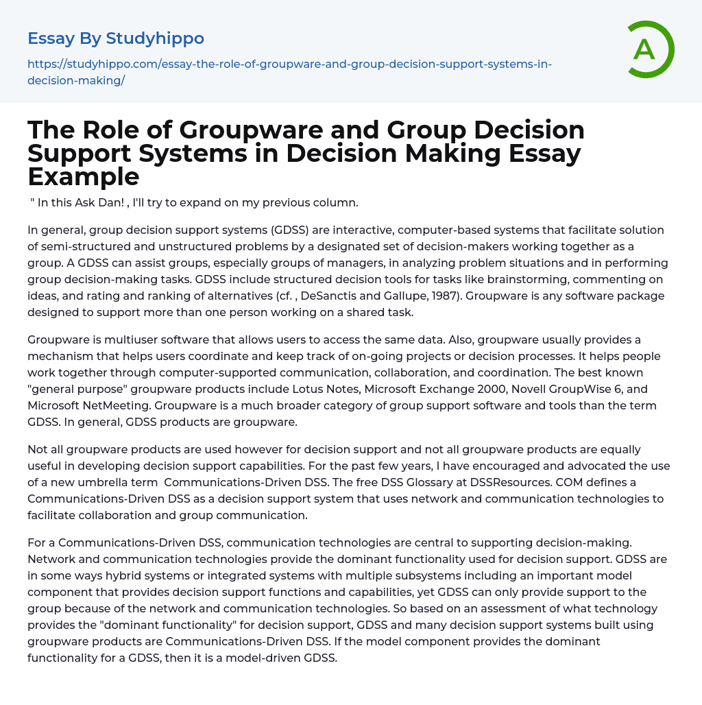 The Role of Groupware and Group Decision Support Systems in Decision Making Essay Example