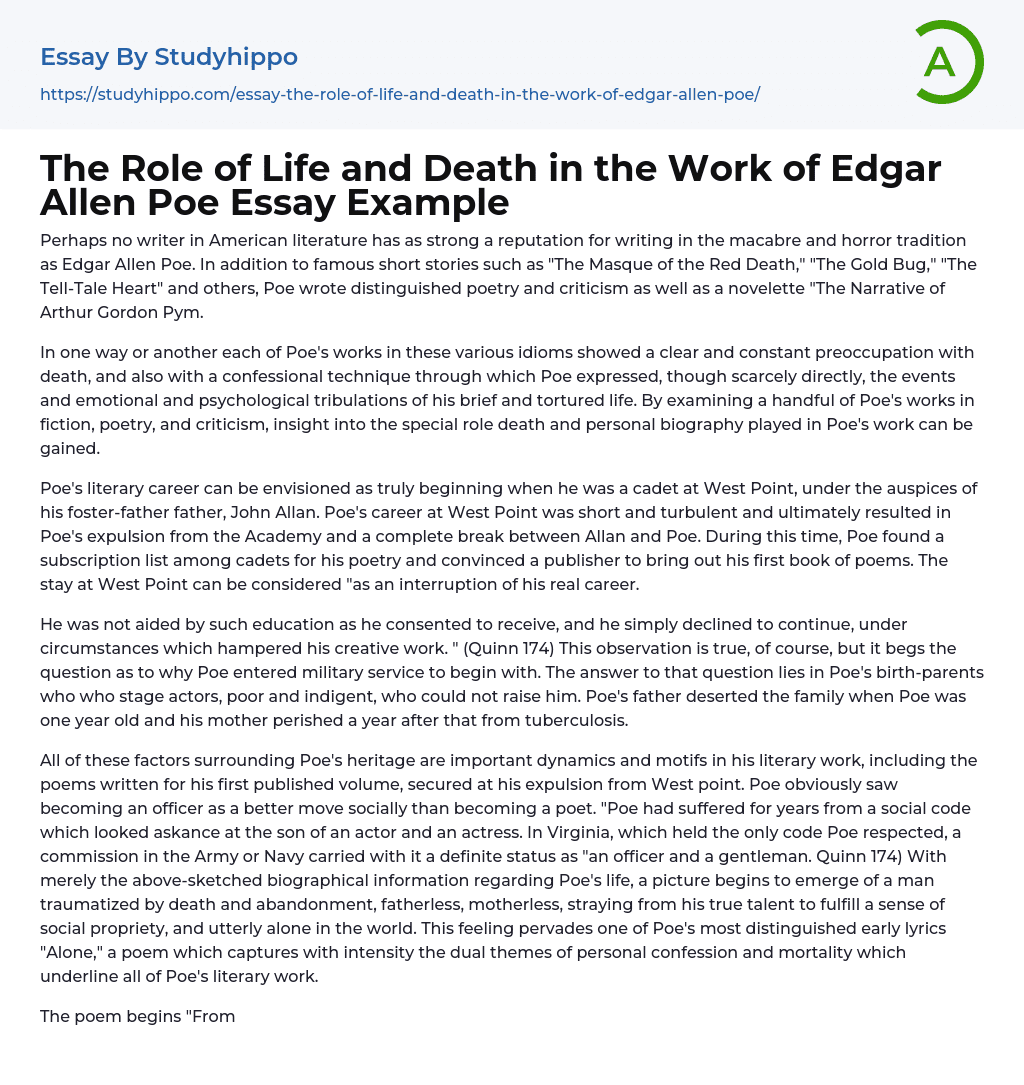 The Role of Life and Death in the Work of Edgar Allen Poe Essay Example