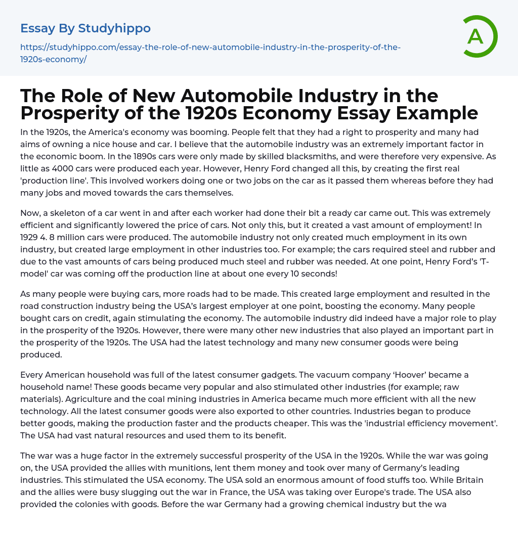 The Role of New Automobile Industry in the Prosperity of the 1920s Economy Essay Example