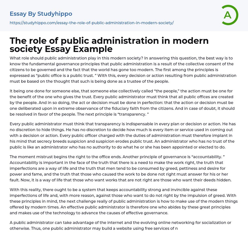 The role of public administration in modern society Essay Example