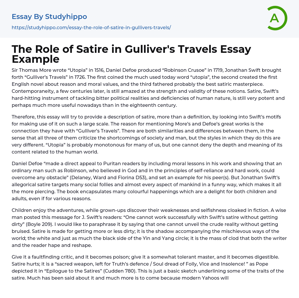 The Role of Satire in Gulliver’s Travels Essay Example