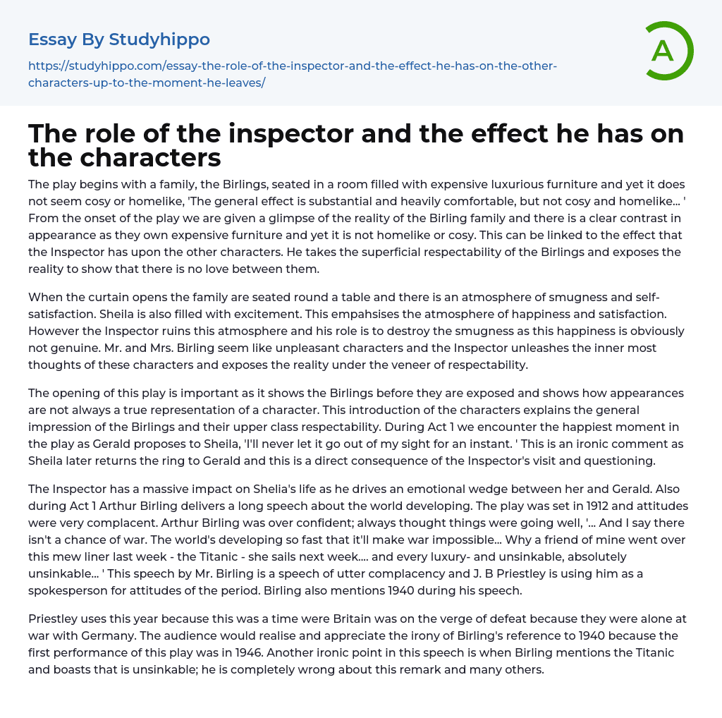 The role of the inspector and the effect he has on the characters Essay Example