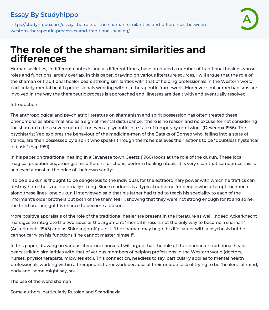 The role of the shaman: similarities and differences Essay Example