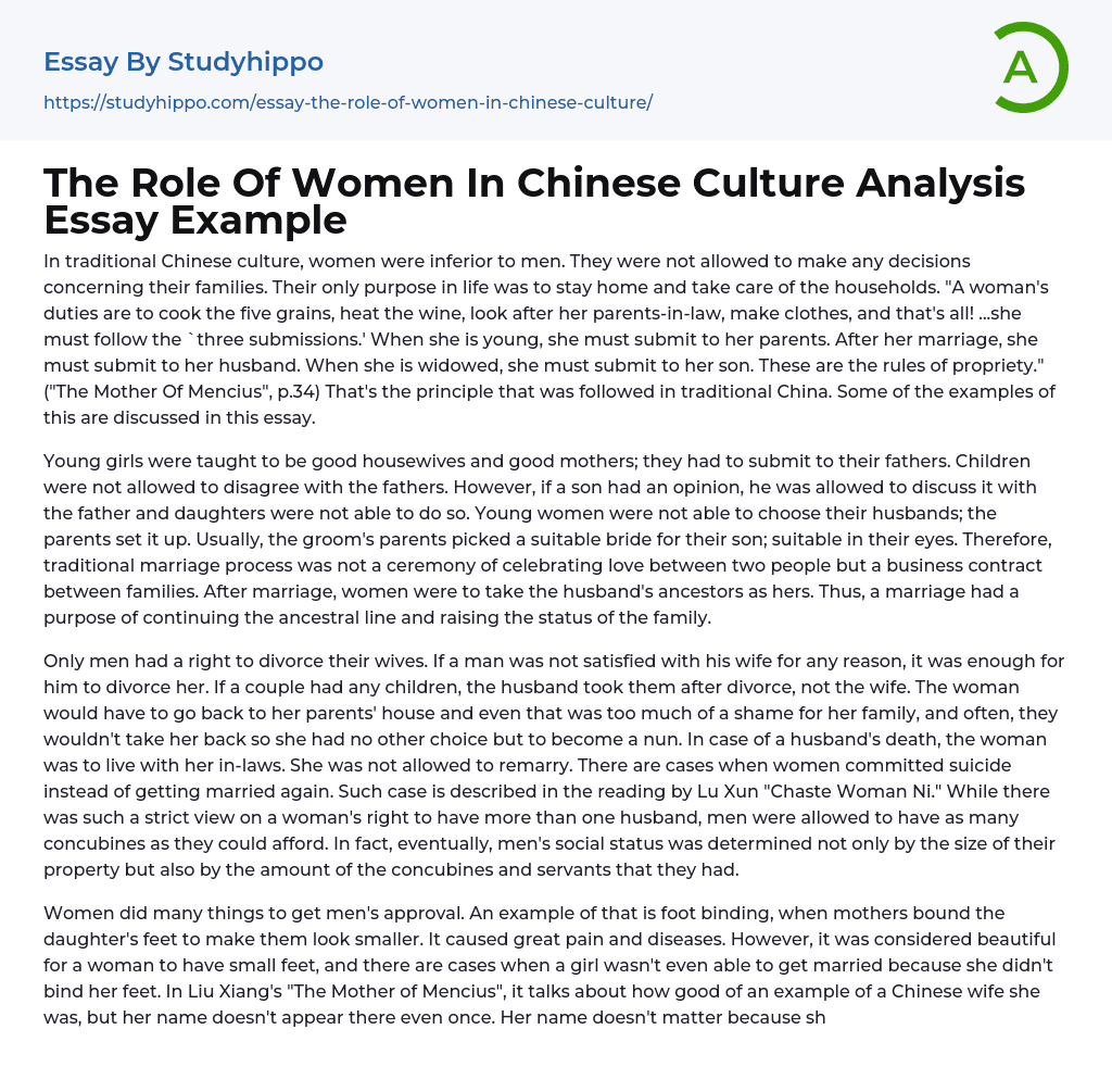 The Role Of Women In Chinese Culture Analysis Essay Example