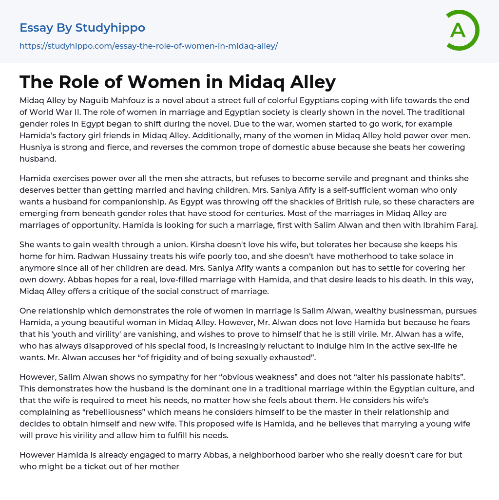 The Role of Women in Midaq Alley Essay Example