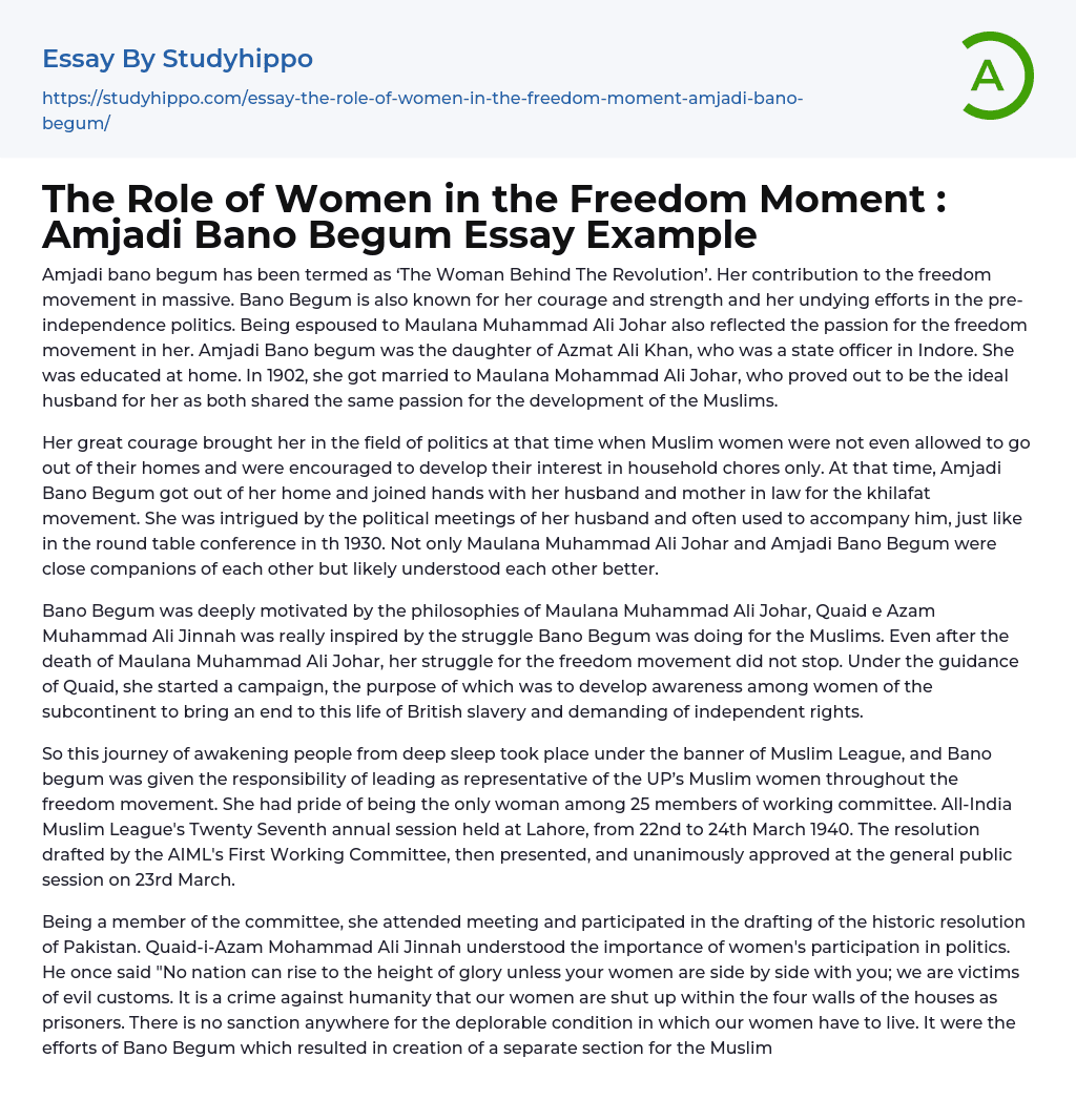 The Role of Women in the Freedom Moment : Amjadi Bano Begum Essay Example