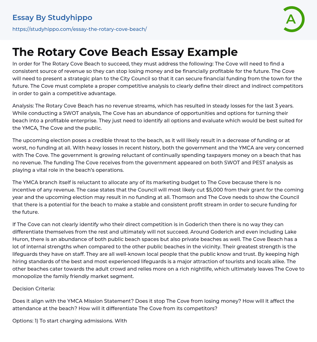 The Rotary Cove Beach Essay Example