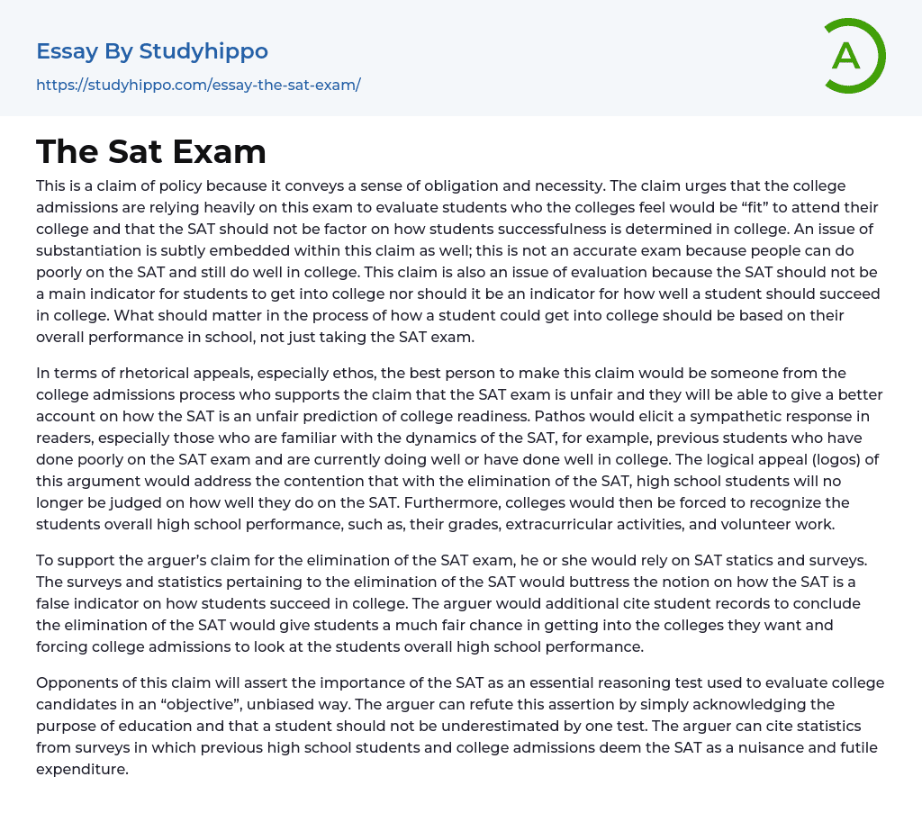 The Sat Exam Essay Example