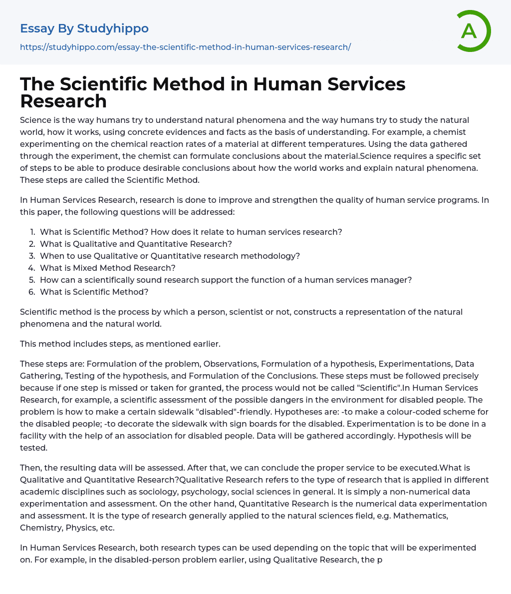 The Scientific Method in Human Services Research Essay Example