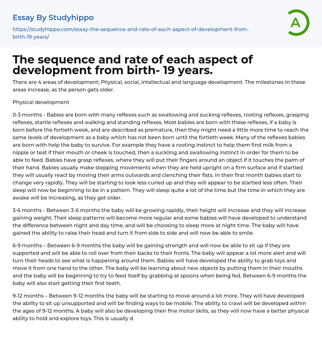 The sequence and rate of each aspect of development from birth- 19 years. Essay Example