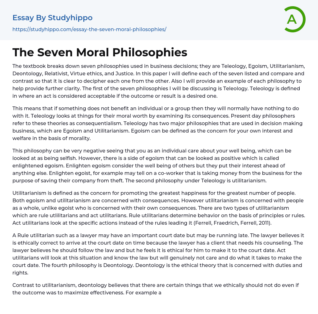 The Seven Moral Philosophies Essay Example