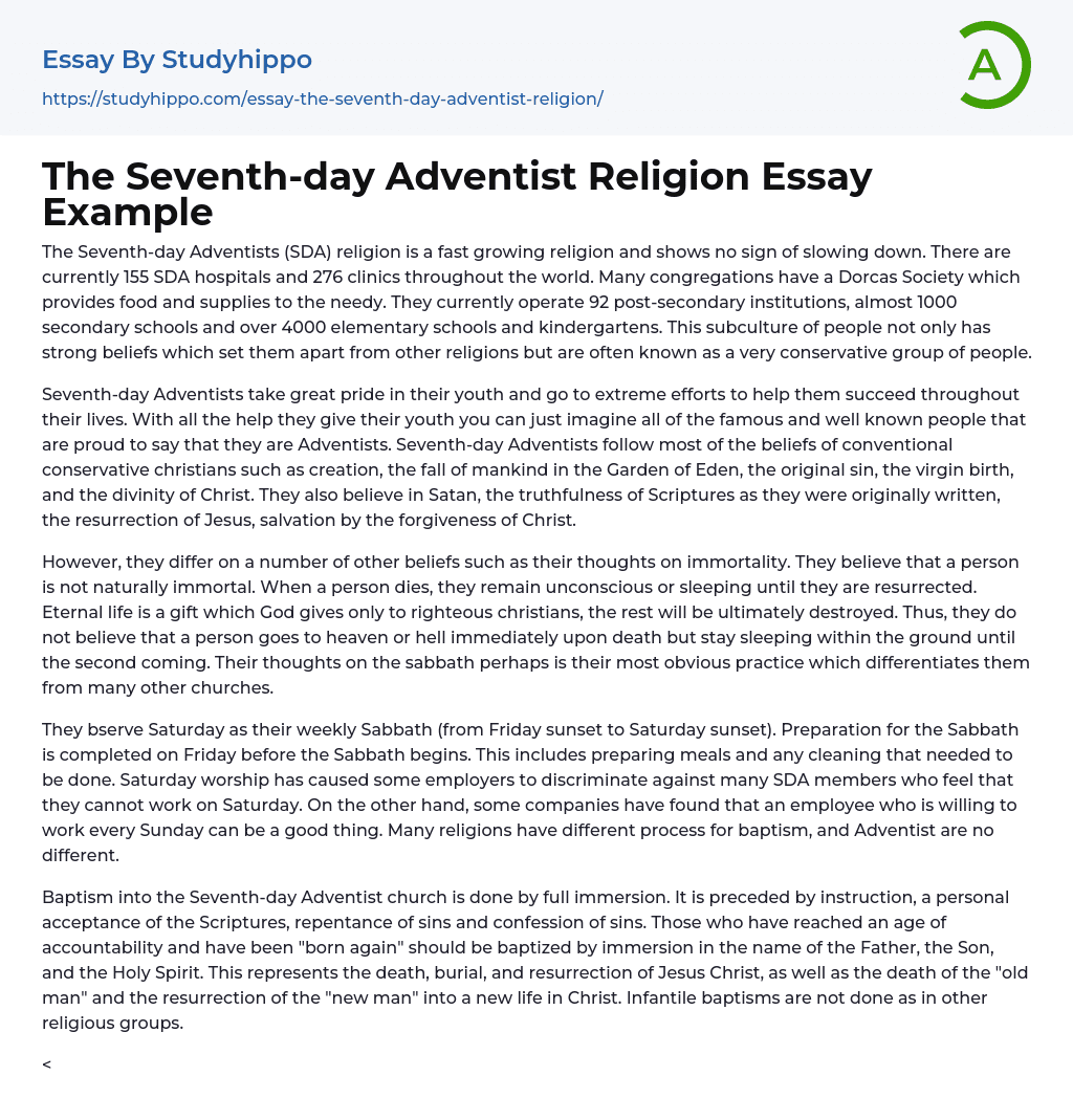 The Seventh-day Adventist Religion Essay Example