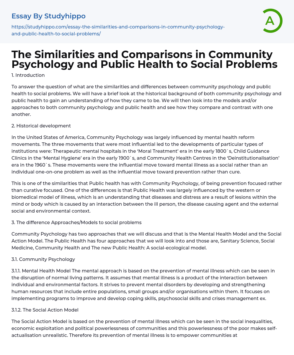 Comparing Community Psychology and Public Health Approaches to Social Problems