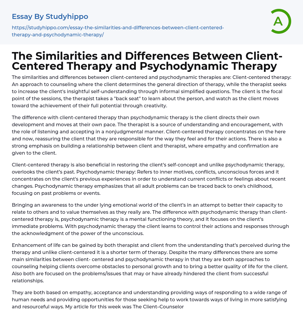 Comparing Client-Centered and Psychodynamic Therapies