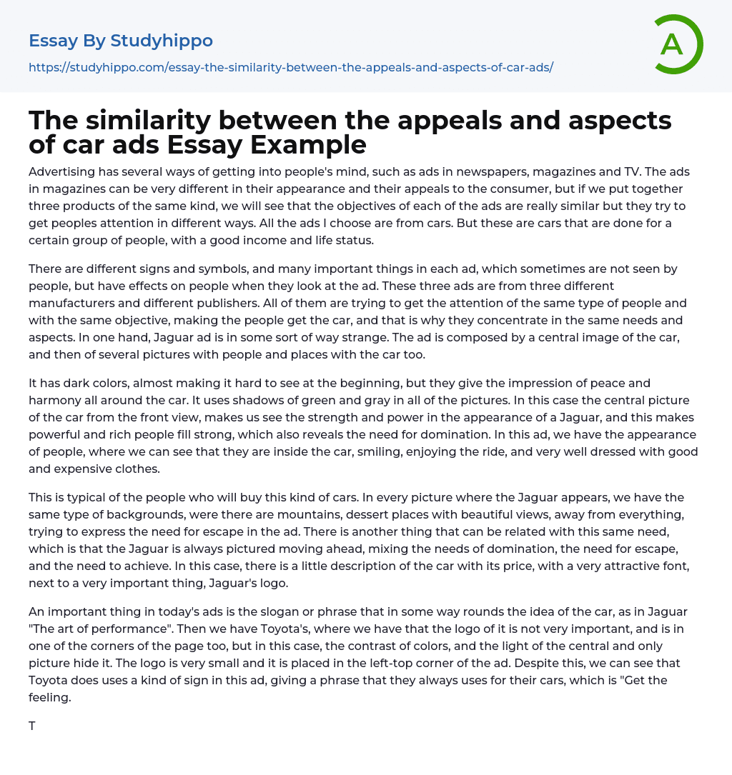 The similarity between the appeals and aspects of car ads Essay Example