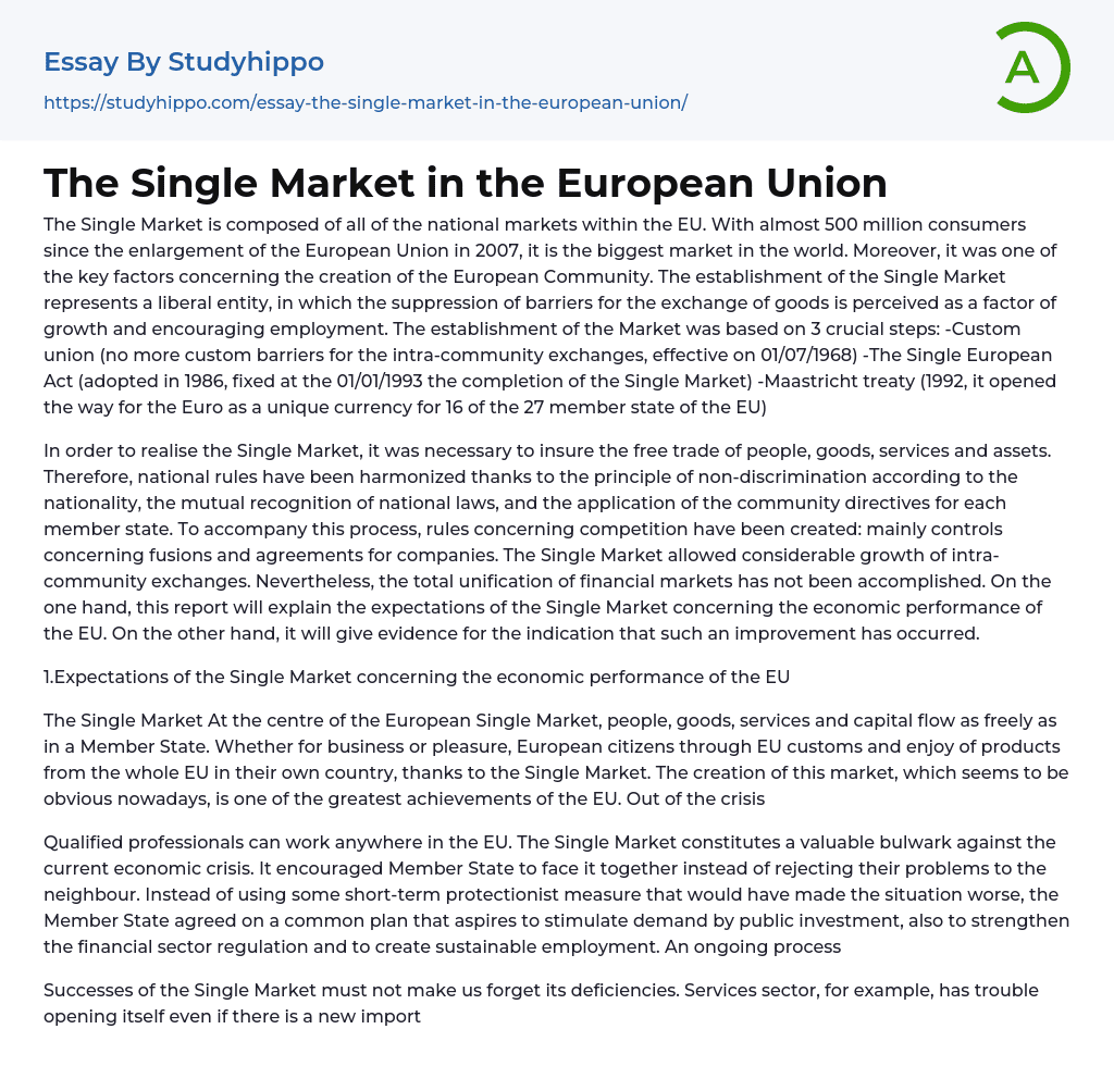 The Single Market in the European Union Essay Example