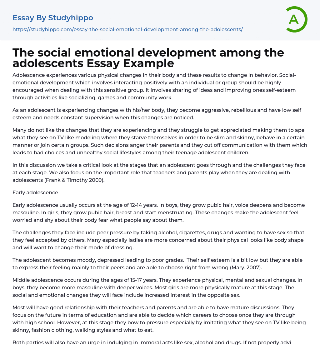 The social emotional development among the adolescents Essay Example