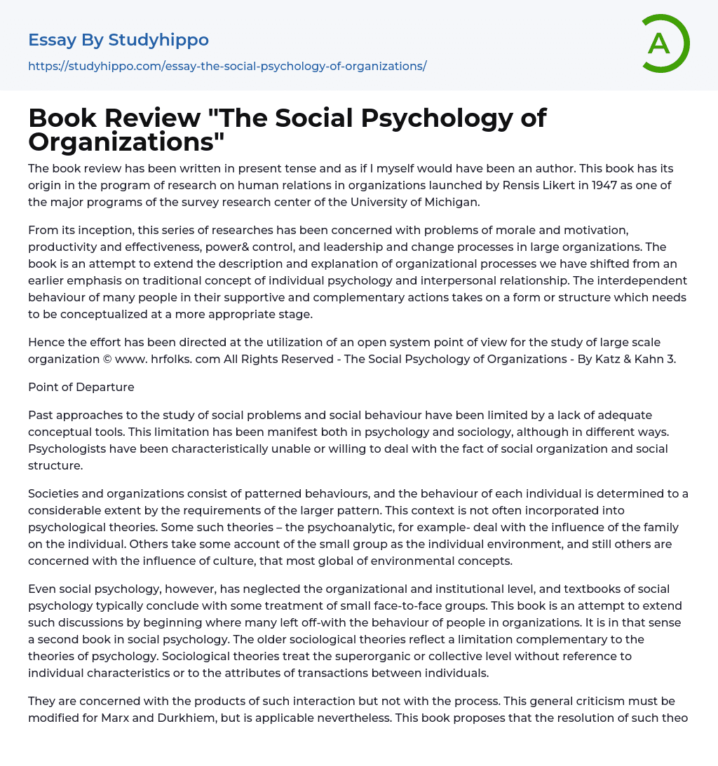 Book Review “The Social Psychology of Organizations” Essay Example