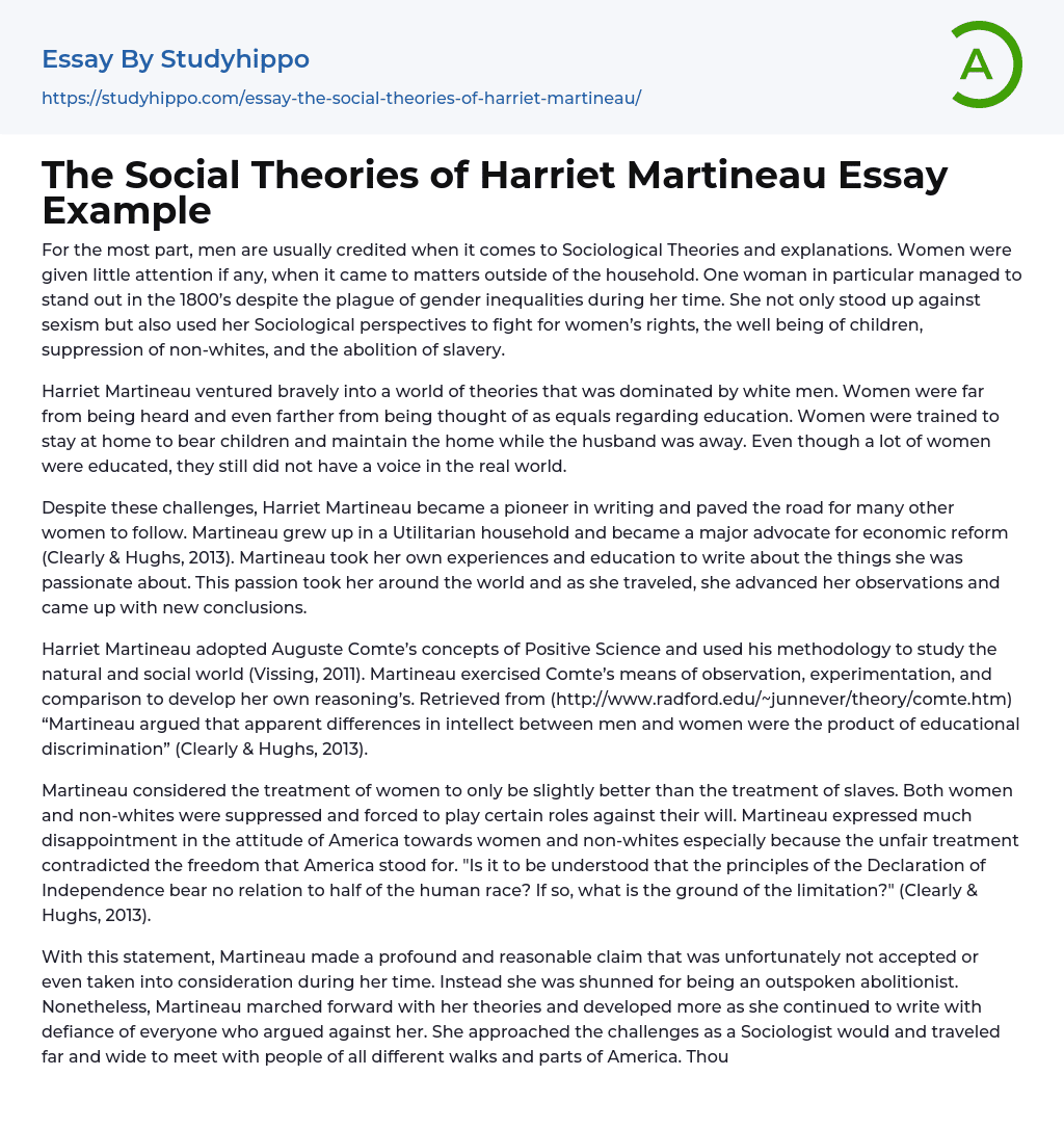 The Social Theories of Harriet Martineau Essay Example