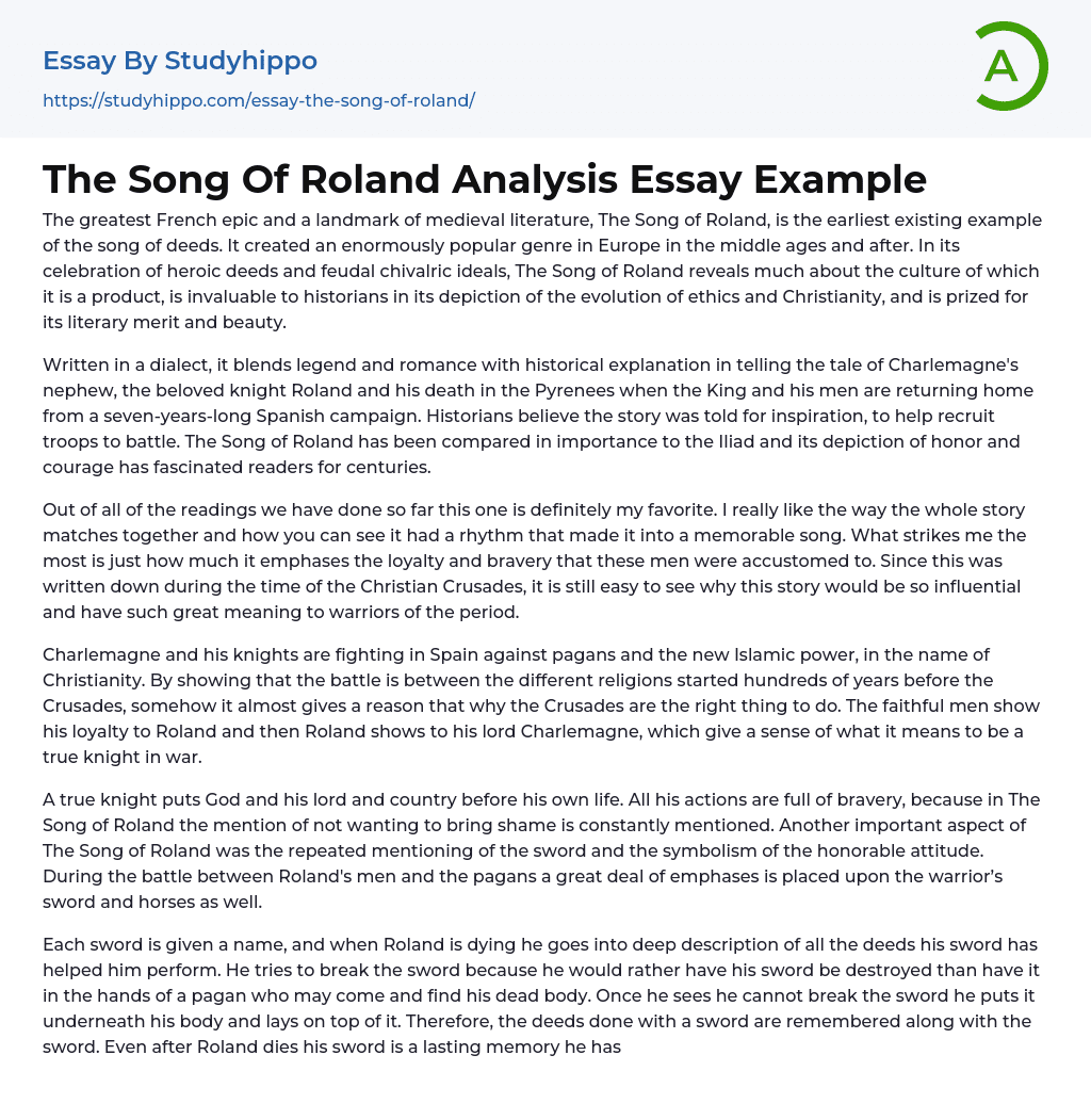 The Song Of Roland Analysis Essay Example