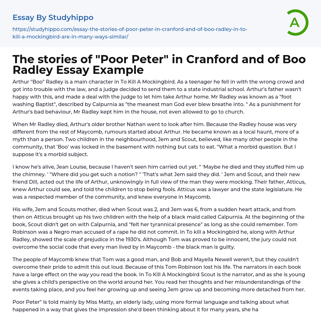 The stories of “Poor Peter” in Cranford and of Boo Radley Essay Example