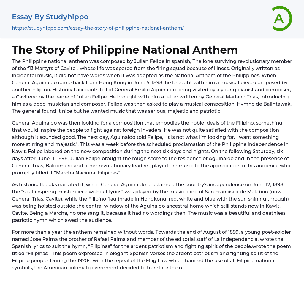 The Story of Philippine National Anthem Essay Example