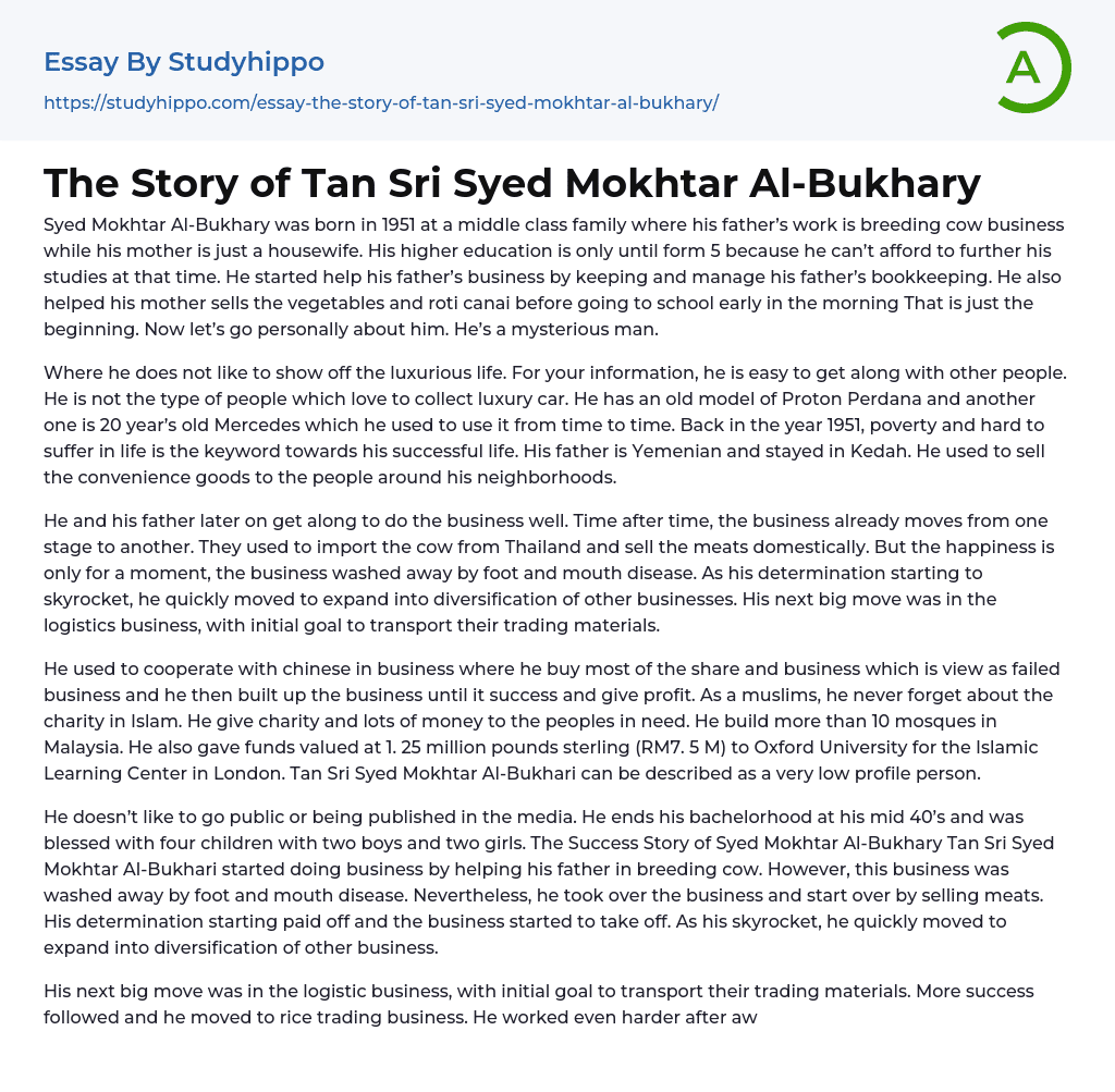 The Story of Tan Sri Syed Mokhtar Al-Bukhary Essay Example