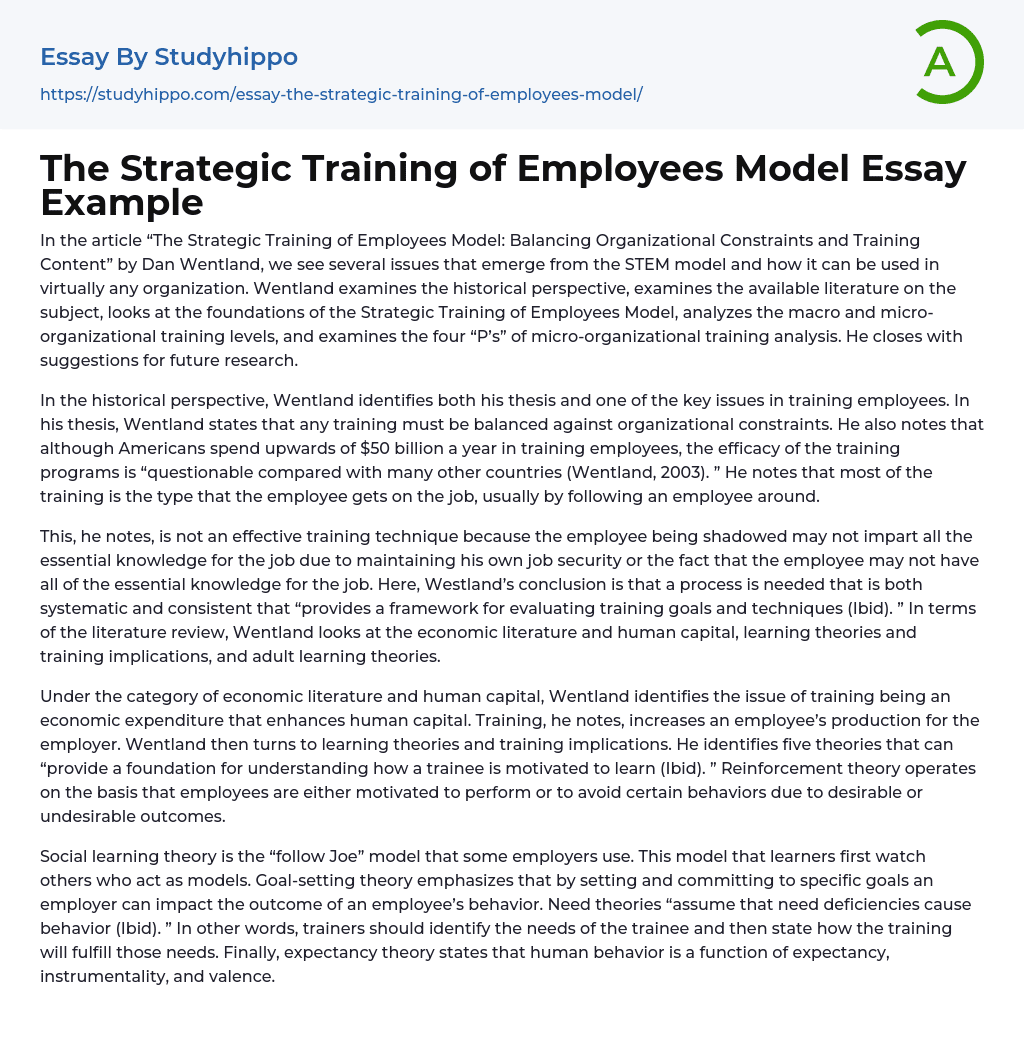 The Strategic Training of Employees Model Essay Example