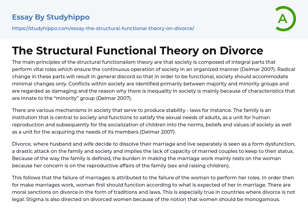 The Structural Functional Theory on Divorce Essay Example