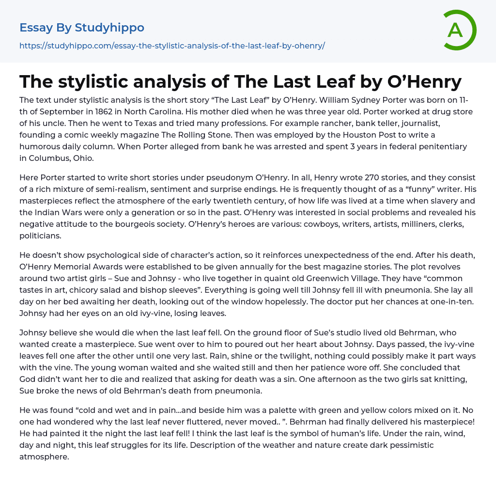 The stylistic analysis of The Last Leaf by O’Henry Essay Example