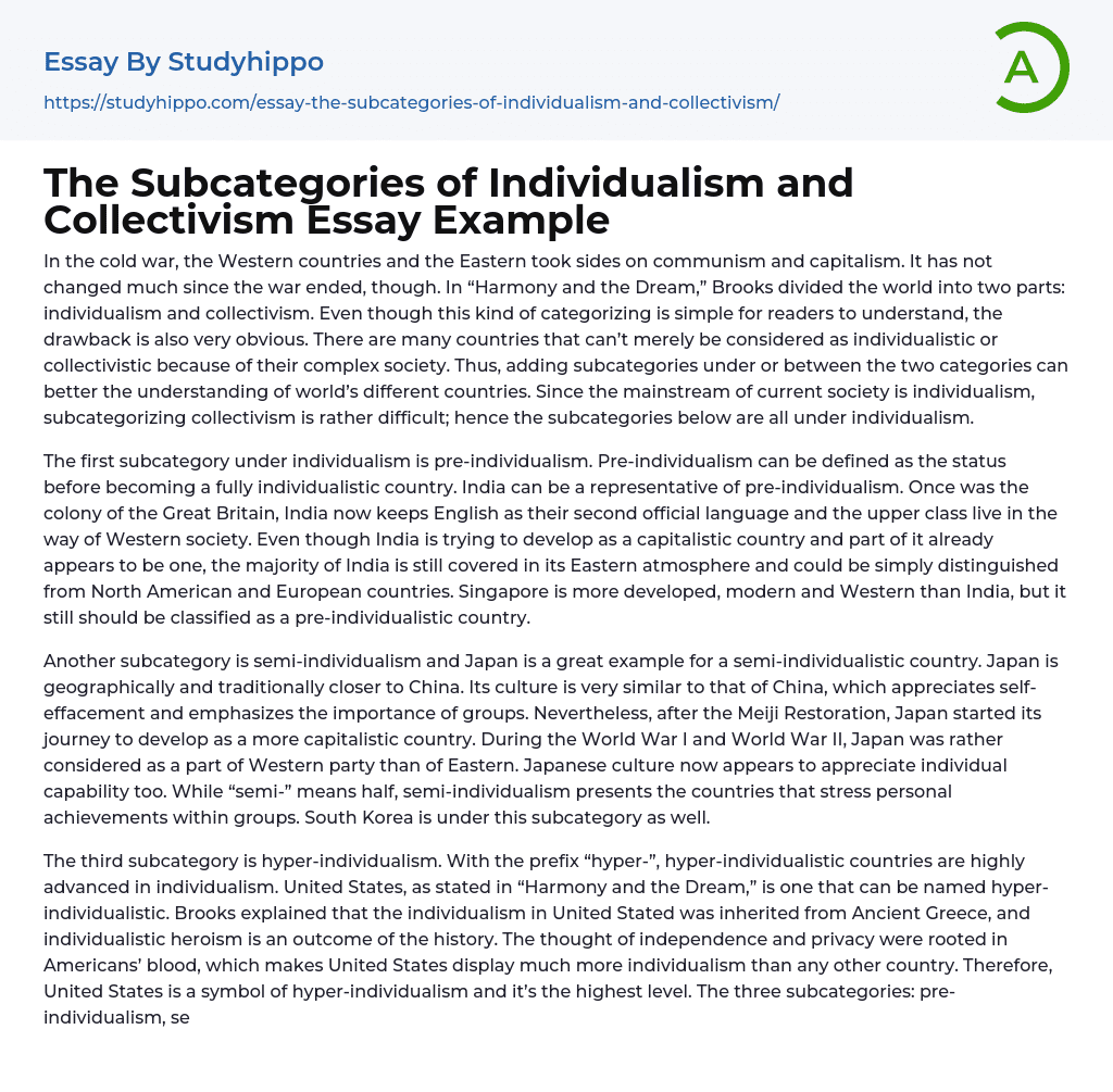 The Subcategories of Individualism and Collectivism Essay Example