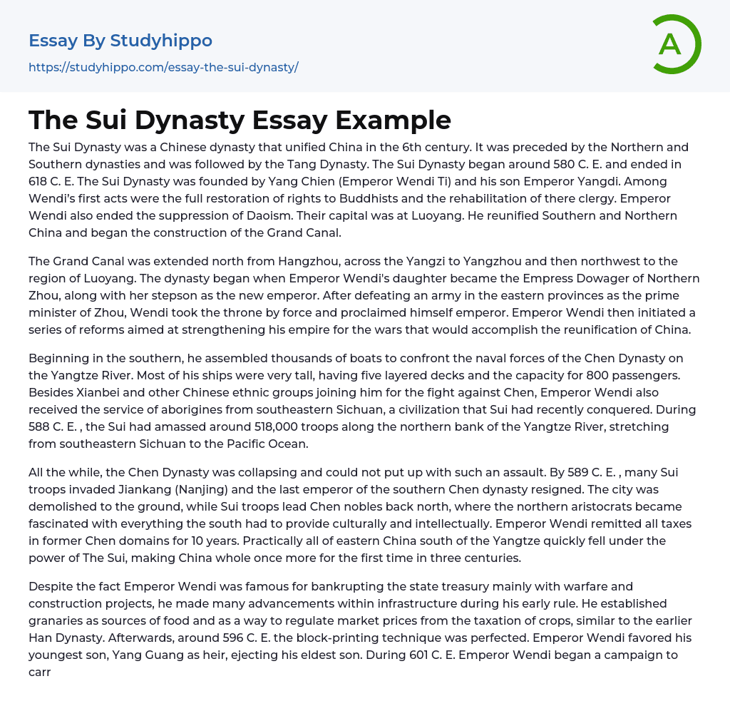 The Sui Dynasty Essay Example