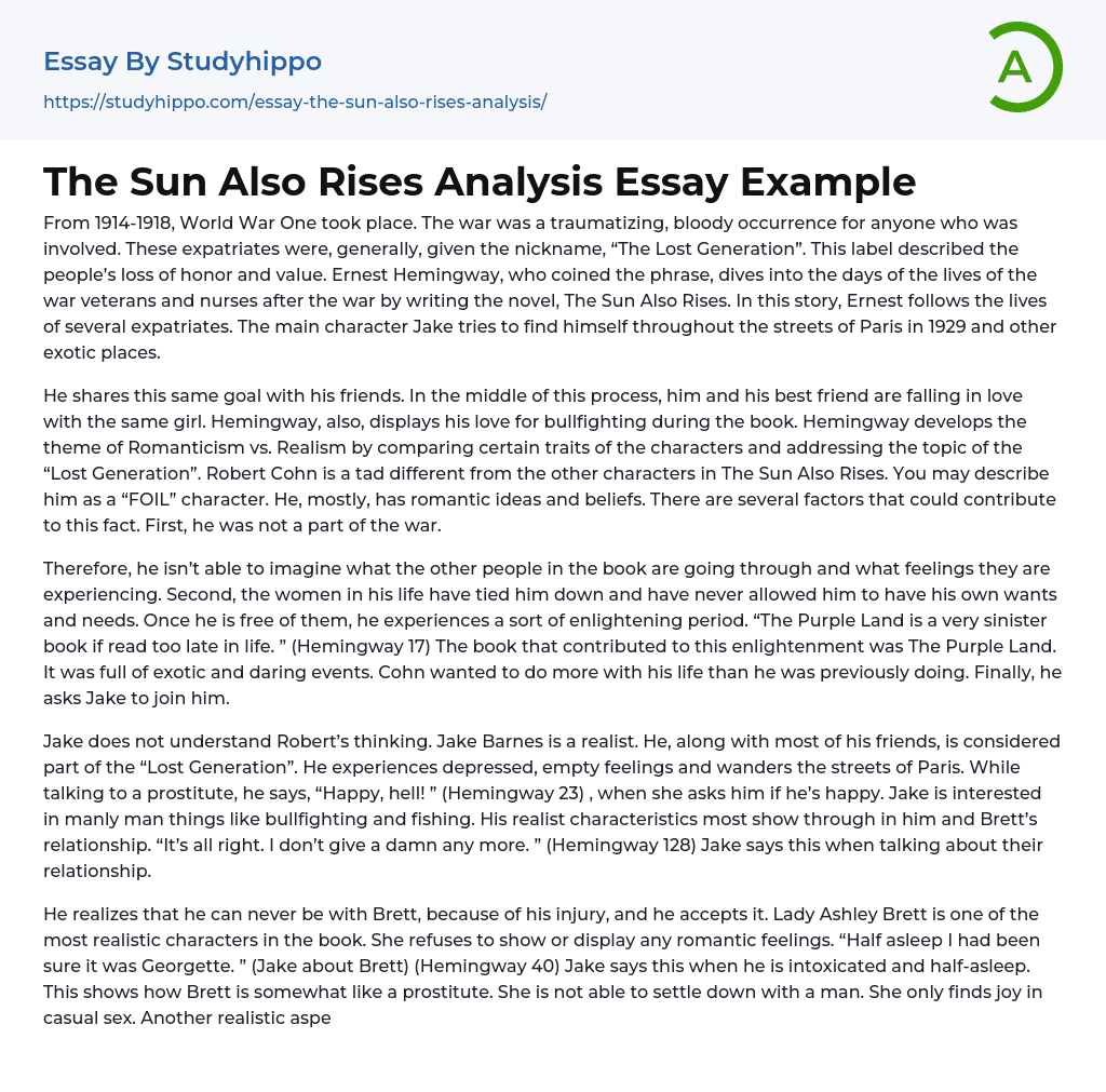 The Sun Also Rises Analysis Essay Example
